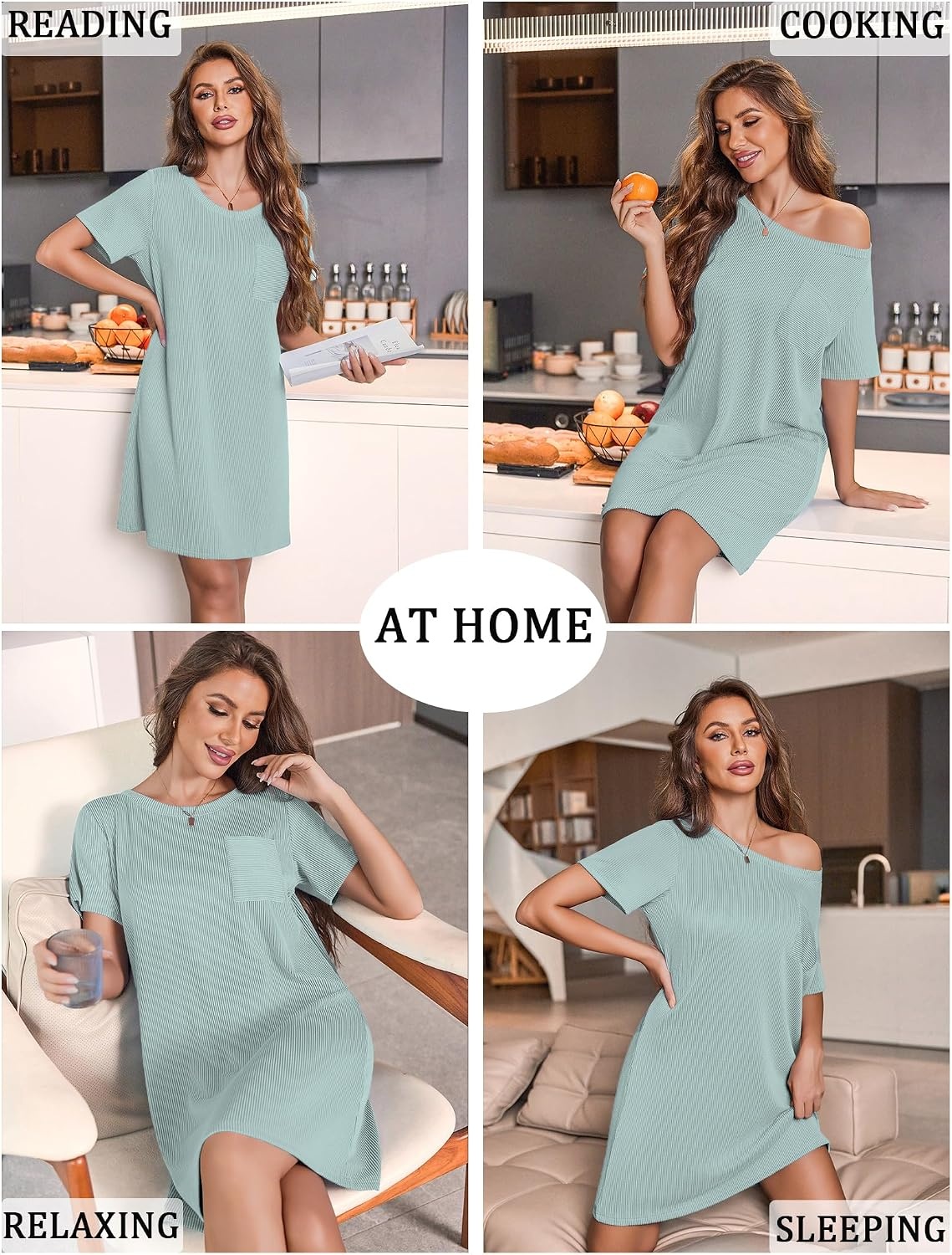 image:imageEkouaer Nightgowns for Women Ribbed Viscose Sleep Shirts Tshirt Sleep Dress Short Sleeve Night Shirt with Chest Pocket S2XLGlacial Green