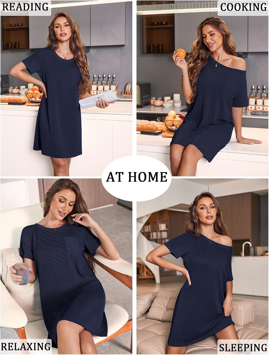 image:imageEkouaer Nightgowns for Women Ribbed Viscose Sleep Shirts Tshirt Sleep Dress Short Sleeve Night Shirt with Chest Pocket S2XLNavy Blue