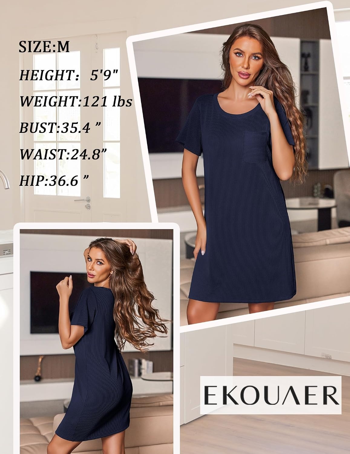 image:imageEkouaer Nightgowns for Women Ribbed Viscose Sleep Shirts Tshirt Sleep Dress Short Sleeve Night Shirt with Chest Pocket S2XLNavy Blue