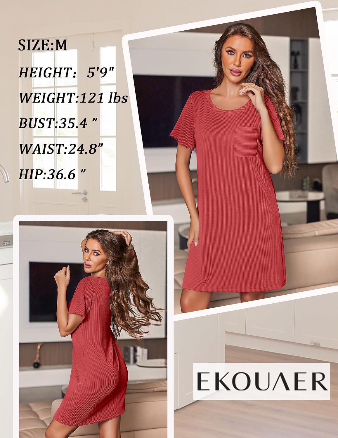 image:imageEkouaer Nightgowns for Women Ribbed Viscose Sleep Shirts Tshirt Sleep Dress Short Sleeve Night Shirt with Chest Pocket S2XLRed