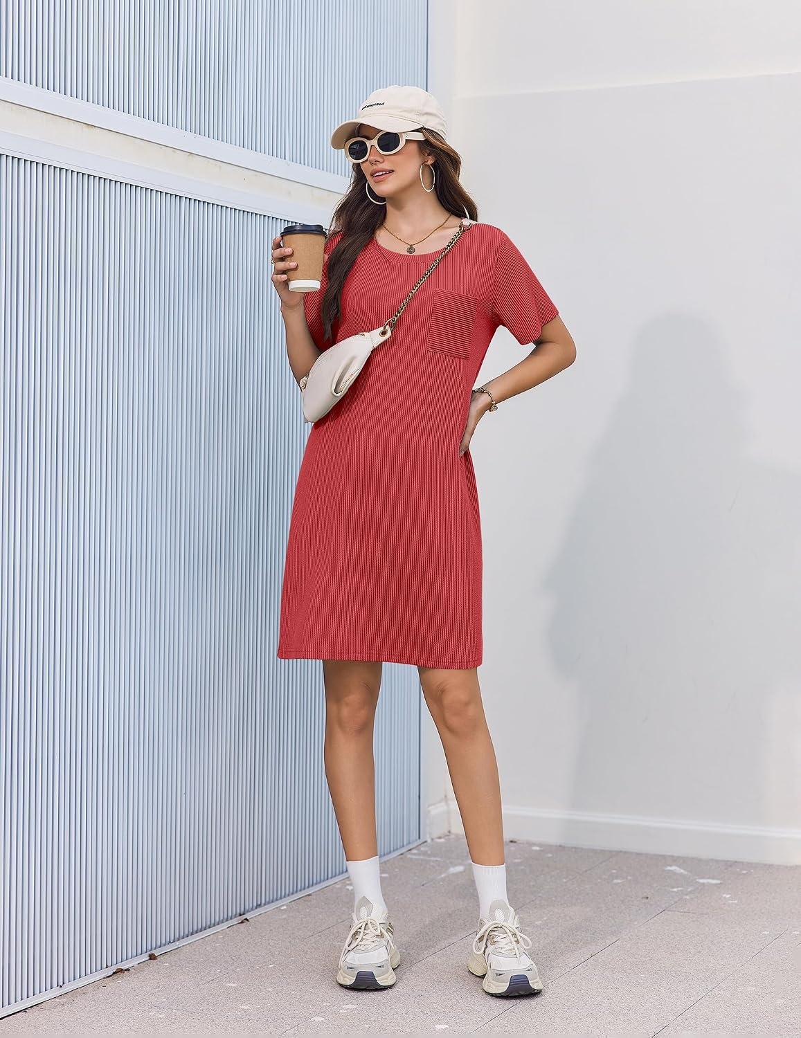 image:imageEkouaer Nightgowns for Women Ribbed Viscose Sleep Shirts Tshirt Sleep Dress Short Sleeve Night Shirt with Chest Pocket S2XLRed