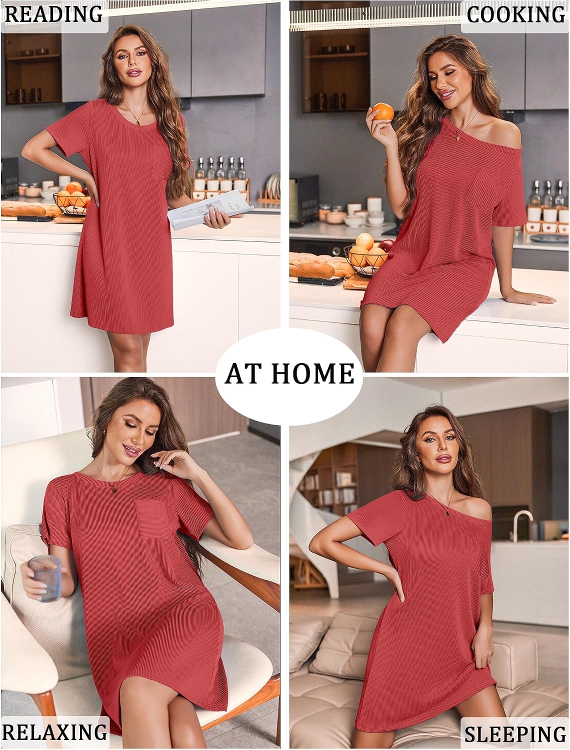 image:imageEkouaer Nightgowns for Women Ribbed Viscose Sleep Shirts Tshirt Sleep Dress Short Sleeve Night Shirt with Chest Pocket S2XLRed