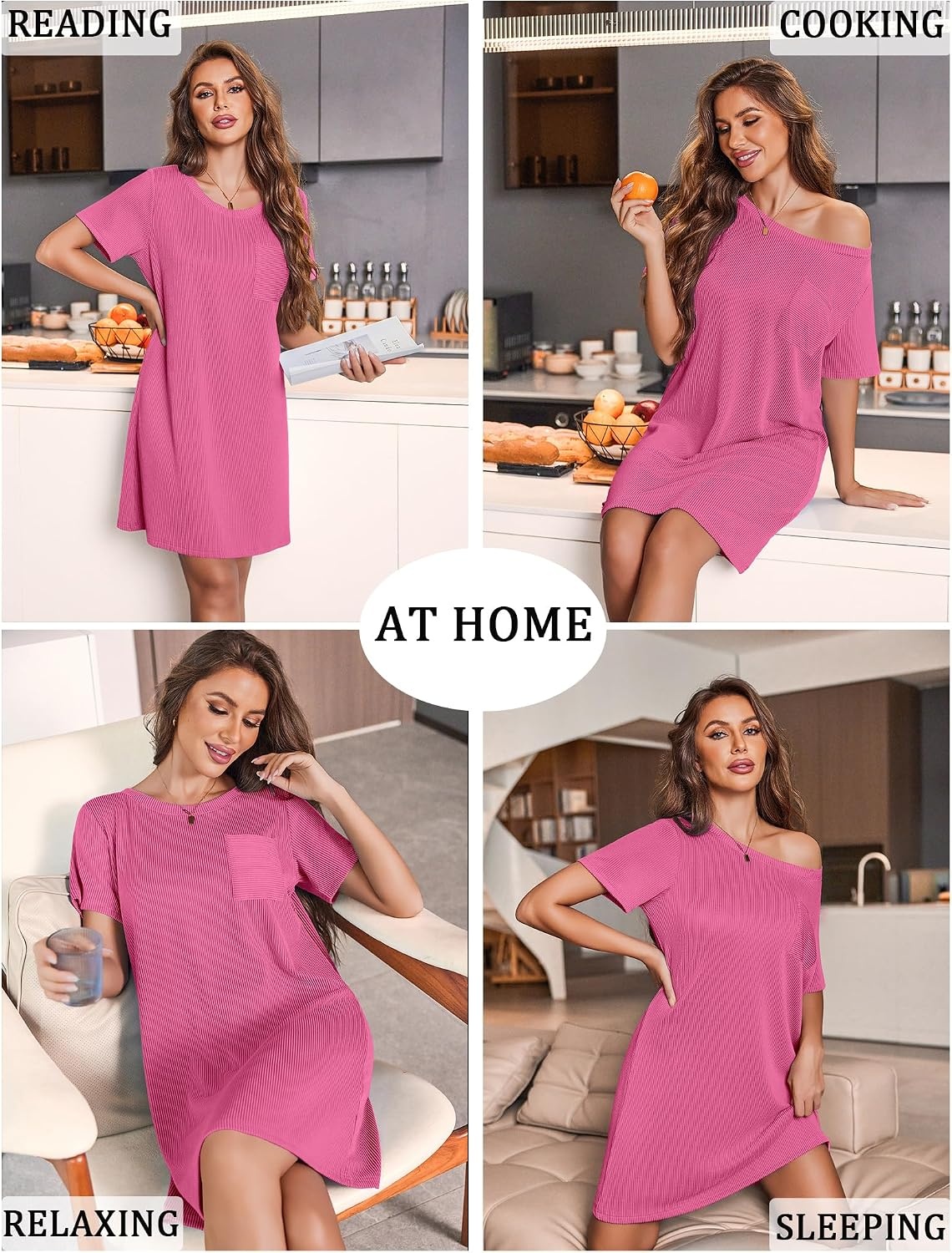 image:imageEkouaer Nightgowns for Women Ribbed Viscose Sleep Shirts Tshirt Sleep Dress Short Sleeve Night Shirt with Chest Pocket S2XLRose Red
