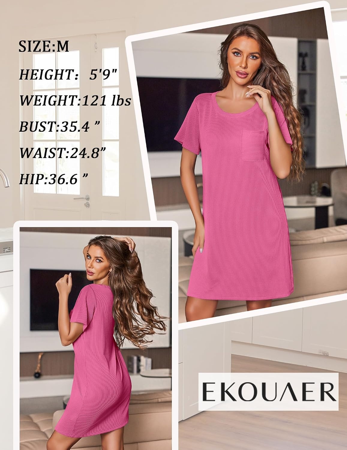 image:imageEkouaer Nightgowns for Women Ribbed Viscose Sleep Shirts Tshirt Sleep Dress Short Sleeve Night Shirt with Chest Pocket S2XLRose Red