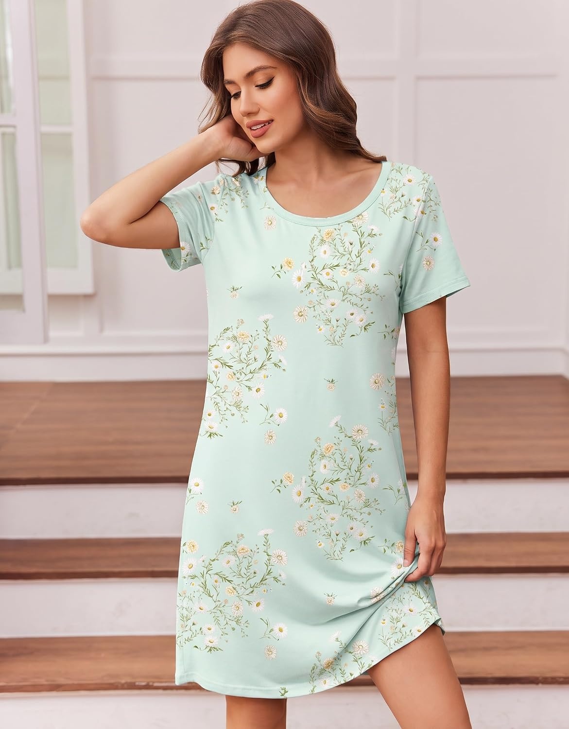 image:imageEkouaer Nightgowns for Women Short Sleeve Night Dress Printed SleepwearLight Green Daisy