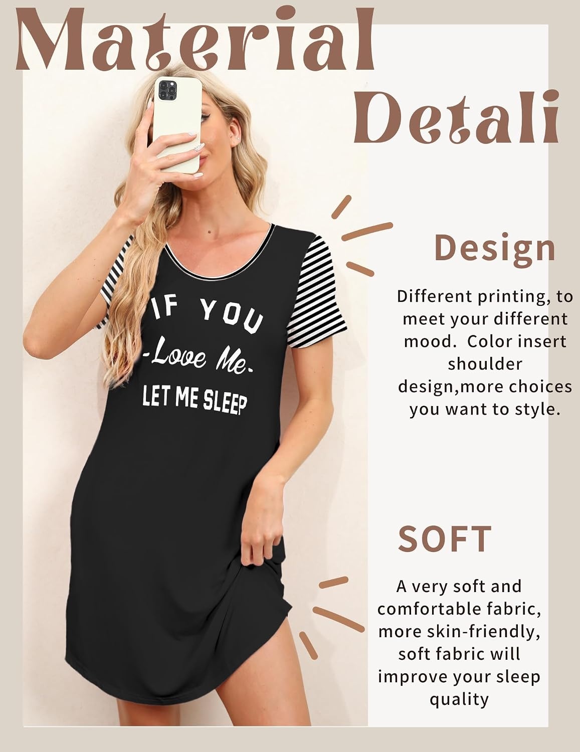 image:imageEkouaer Nightgowns for Women Soft Sleep Shirts with Pockets Short Sleeves Printed Crewneck NightshirtBlack