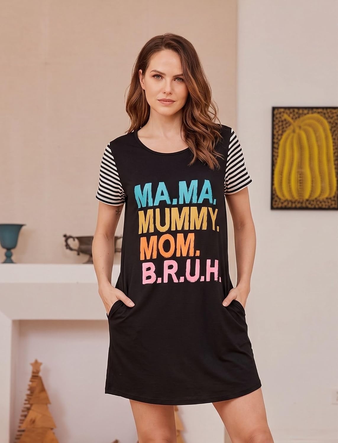 image:imageEkouaer Nightgowns for Women Soft Sleep Shirts with Pockets Short Sleeves Printed Crewneck NightshirtBlack Ma Ma Mummy