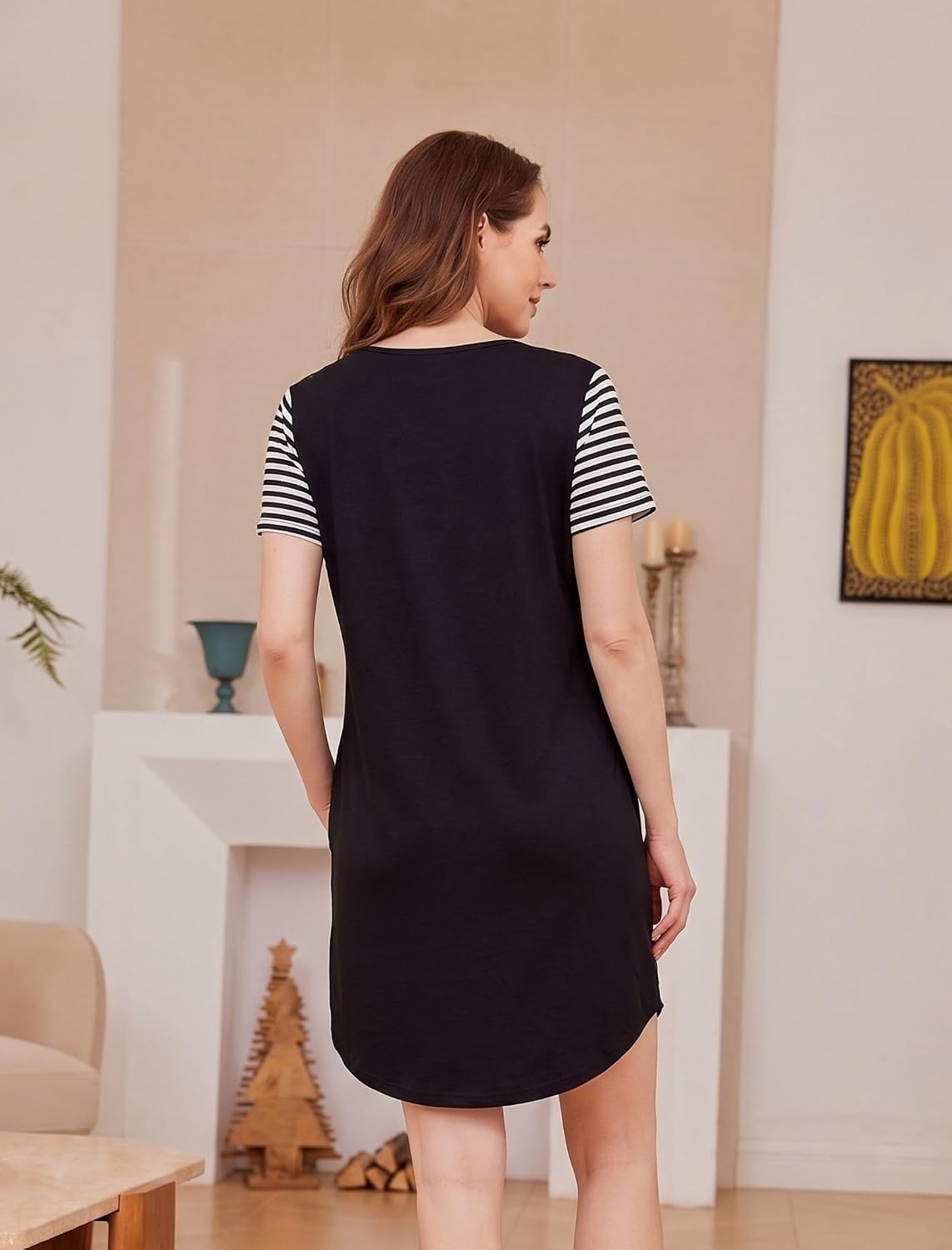 image:imageEkouaer Nightgowns for Women Soft Sleep Shirts with Pockets Short Sleeves Printed Crewneck NightshirtBlack Ma Ma Mummy