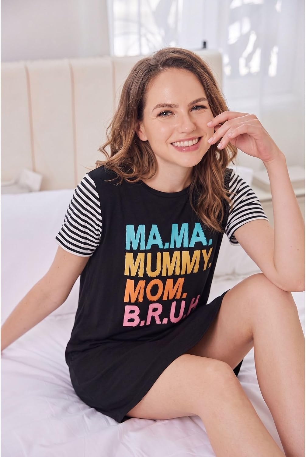 image:imageEkouaer Nightgowns for Women Soft Sleep Shirts with Pockets Short Sleeves Printed Crewneck NightshirtBlack Ma Ma Mummy