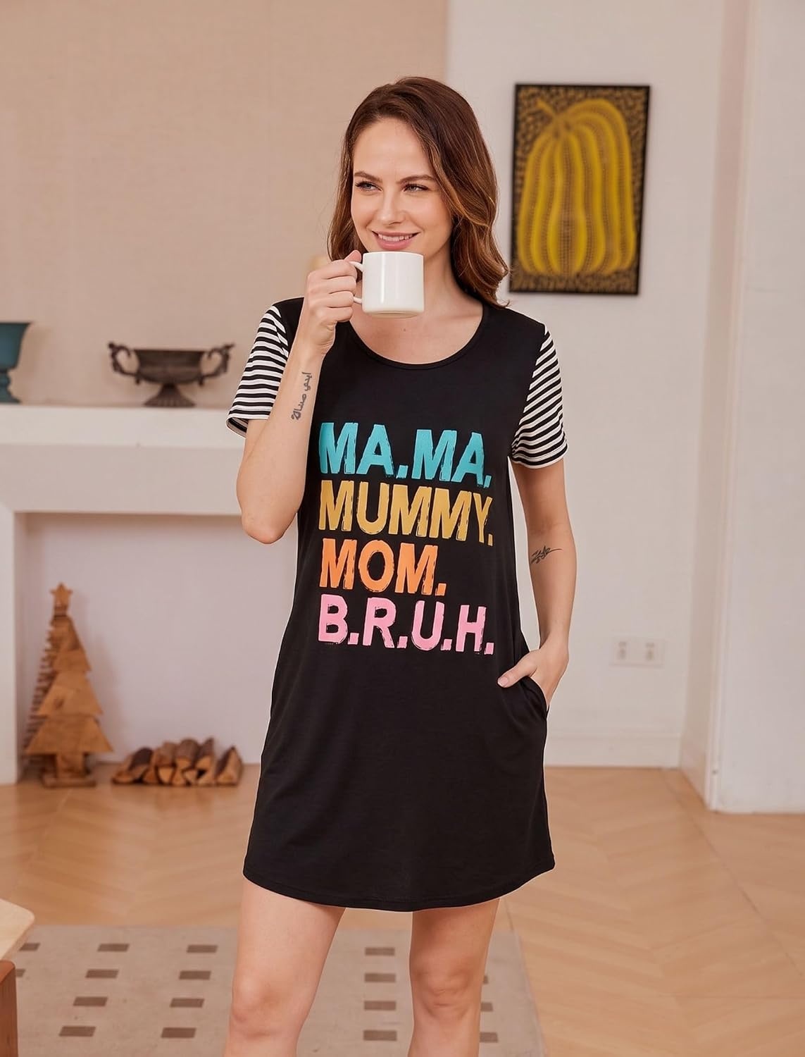 image:imageEkouaer Nightgowns for Women Soft Sleep Shirts with Pockets Short Sleeves Printed Crewneck NightshirtBlack Ma Ma Mummy