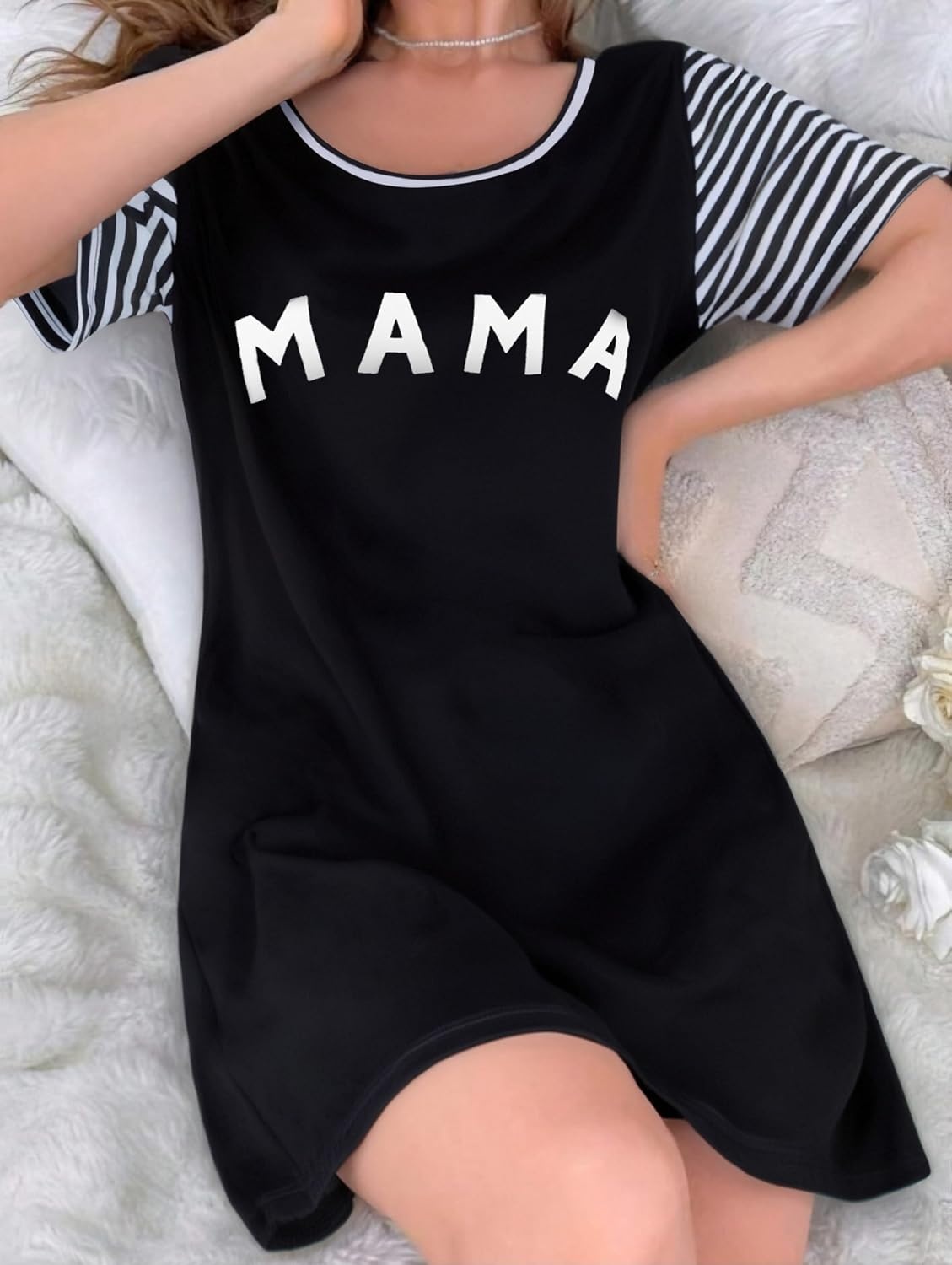 image:imageEkouaer Nightgowns for Women Soft Sleep Shirts with Pockets Short Sleeves Printed Crewneck NightshirtBlack Mama