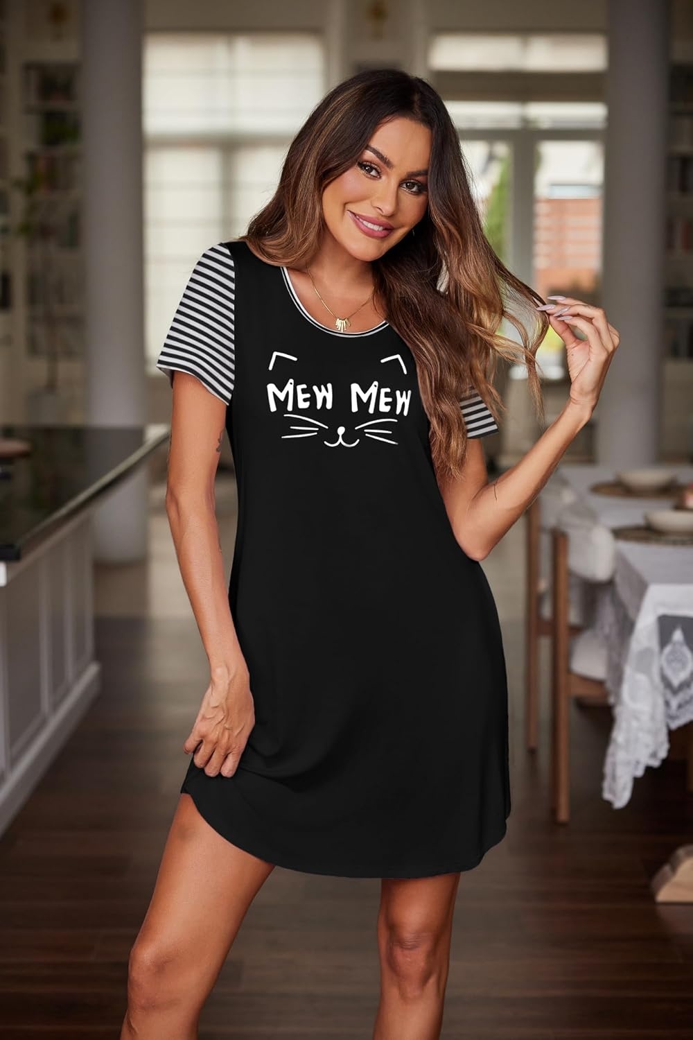 image:imageEkouaer Nightgowns for Women Soft Sleep Shirts with Pockets Short Sleeves Printed Crewneck NightshirtBlack Mew