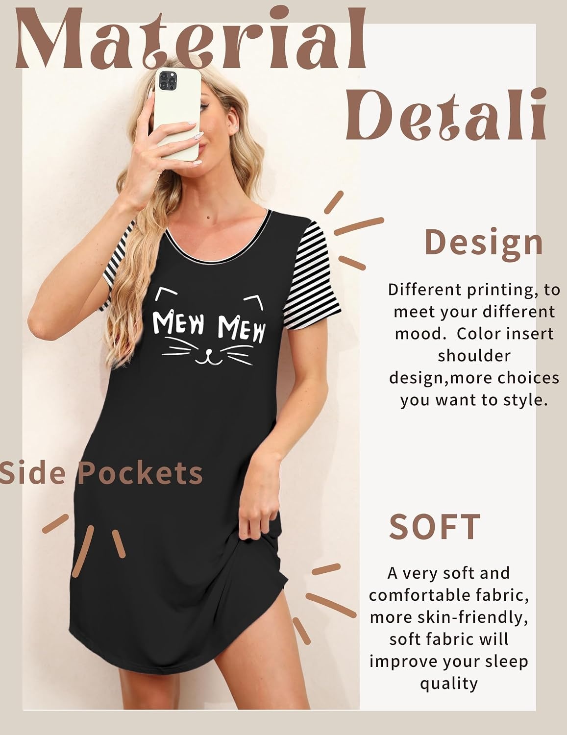 image:imageEkouaer Nightgowns for Women Soft Sleep Shirts with Pockets Short Sleeves Printed Crewneck NightshirtBlack Mew