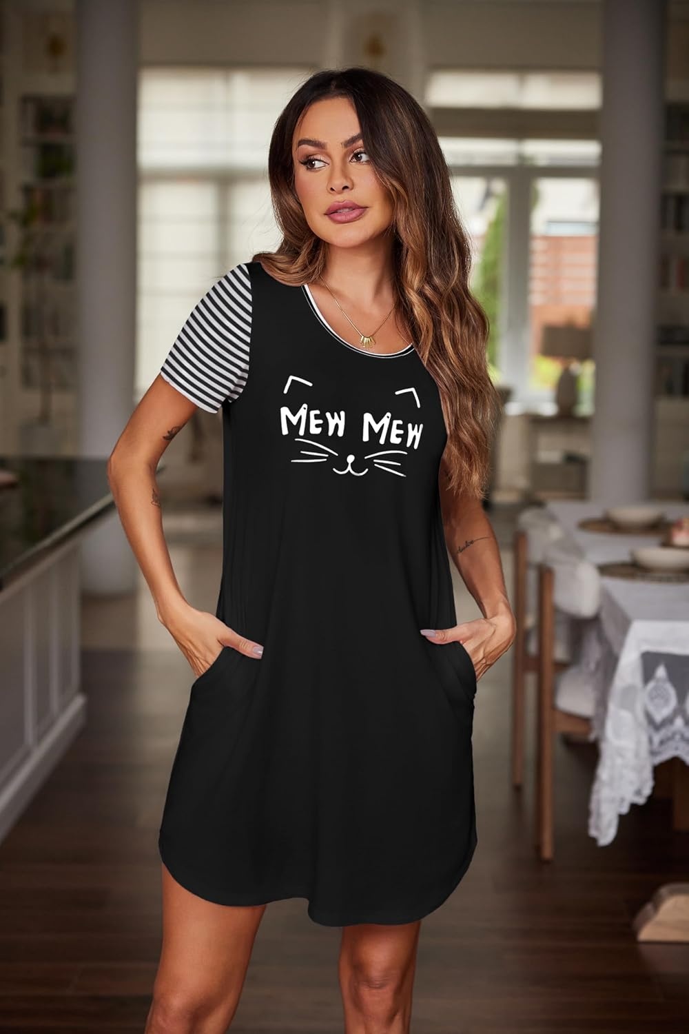 image:imageEkouaer Nightgowns for Women Soft Sleep Shirts with Pockets Short Sleeves Printed Crewneck NightshirtBlack Mew