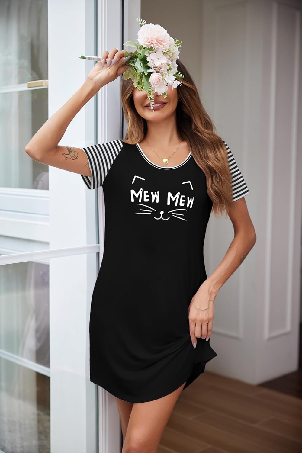 image:imageEkouaer Nightgowns for Women Soft Sleep Shirts with Pockets Short Sleeves Printed Crewneck NightshirtBlack Mew