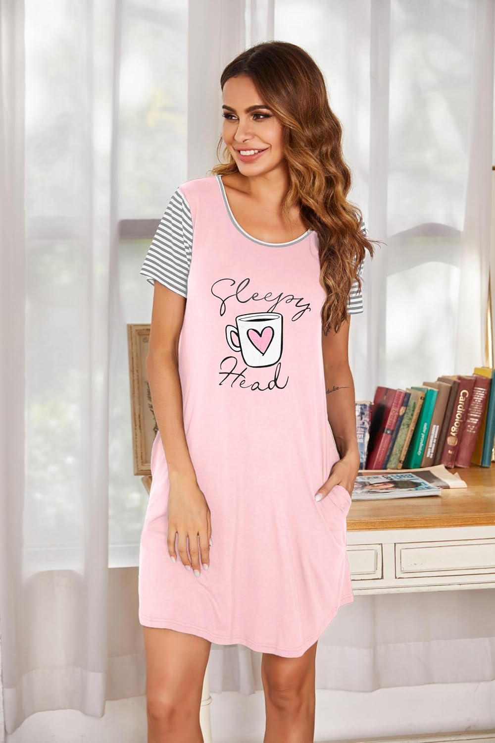 image:imageEkouaer Nightgowns for Women Soft Sleep Shirts with Pockets Short Sleeves Printed Crewneck NightshirtPink Coffee