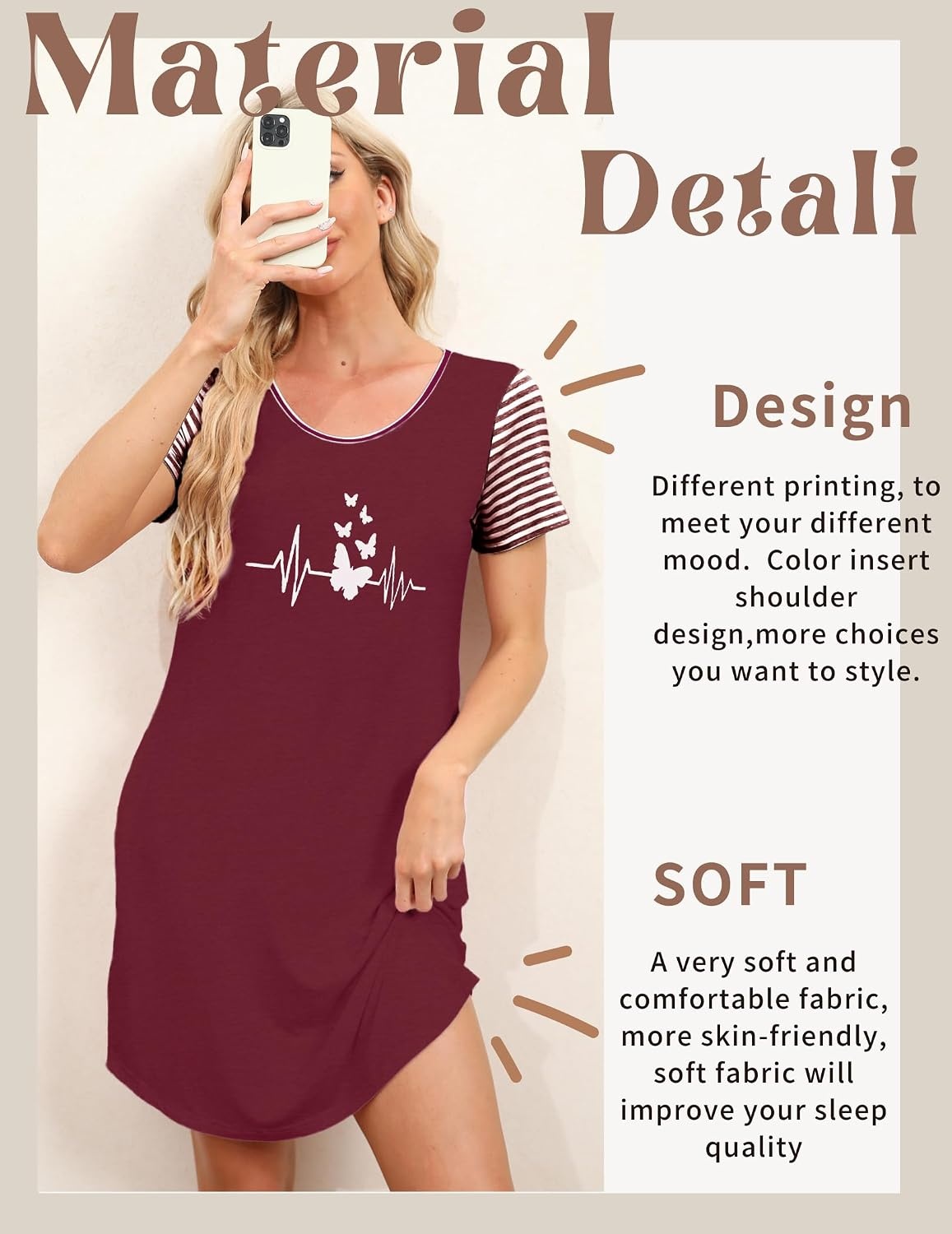 image:imageEkouaer Nightgowns for Women Soft Sleep Shirts with Pockets Short Sleeves Printed Crewneck NightshirtPink Coffee