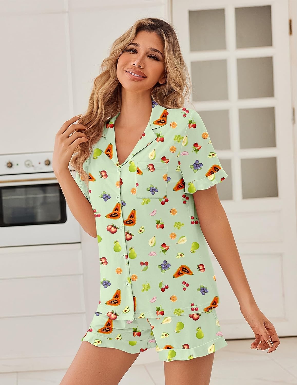 image:imageEkouaer Pajamas Set for Women Button Down Pjs Lounge Sets Ruffle SleepwearGreen Fruits