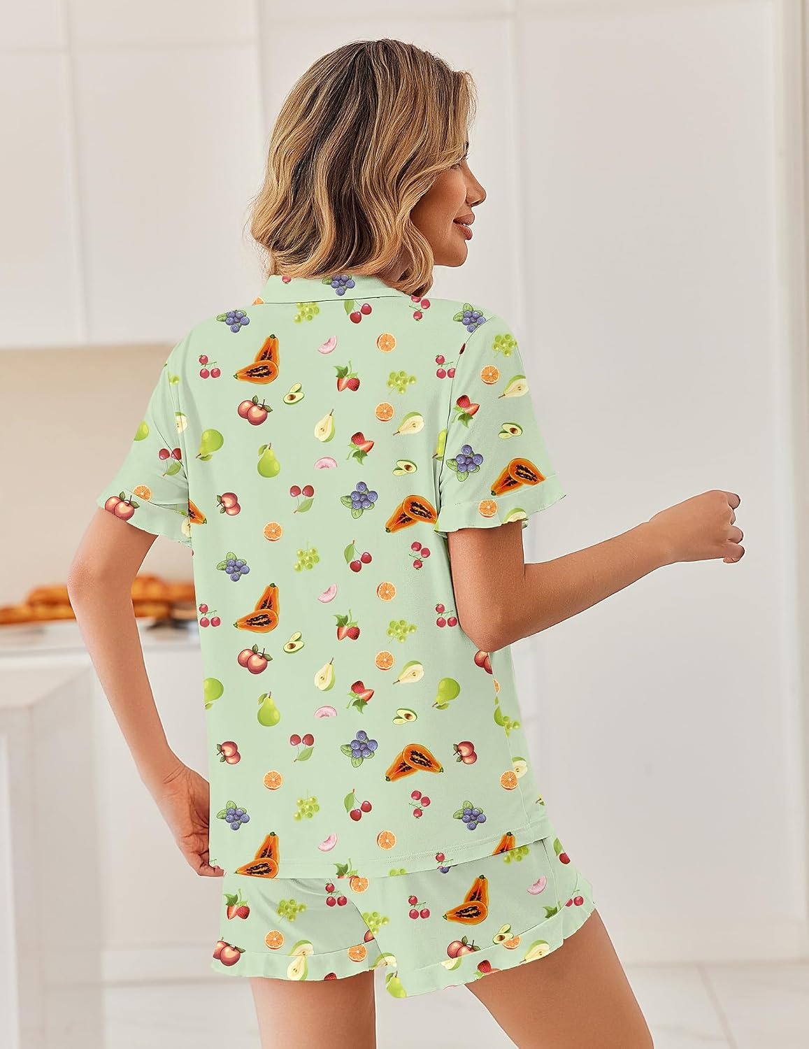 image:imageEkouaer Pajamas Set for Women Button Down Pjs Lounge Sets Ruffle SleepwearGreen Fruits