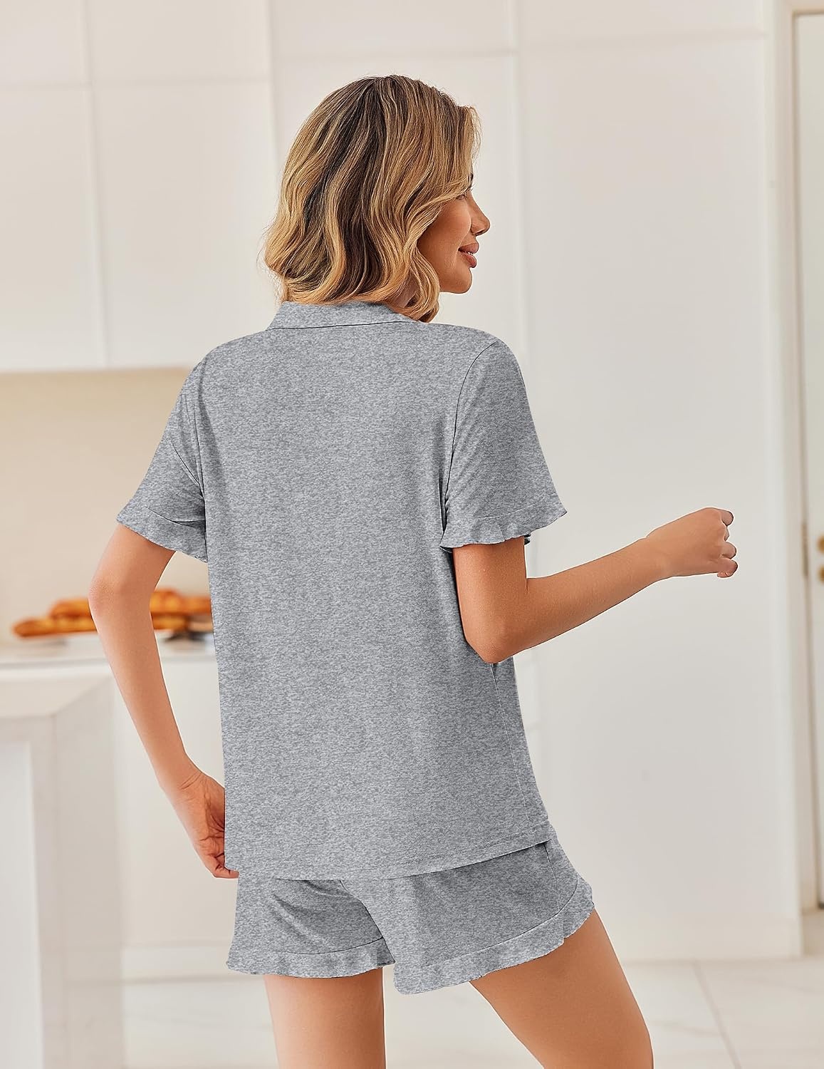 image:imageEkouaer Pajamas Set for Women Button Down Pjs Lounge Sets Ruffle SleepwearLight Gray