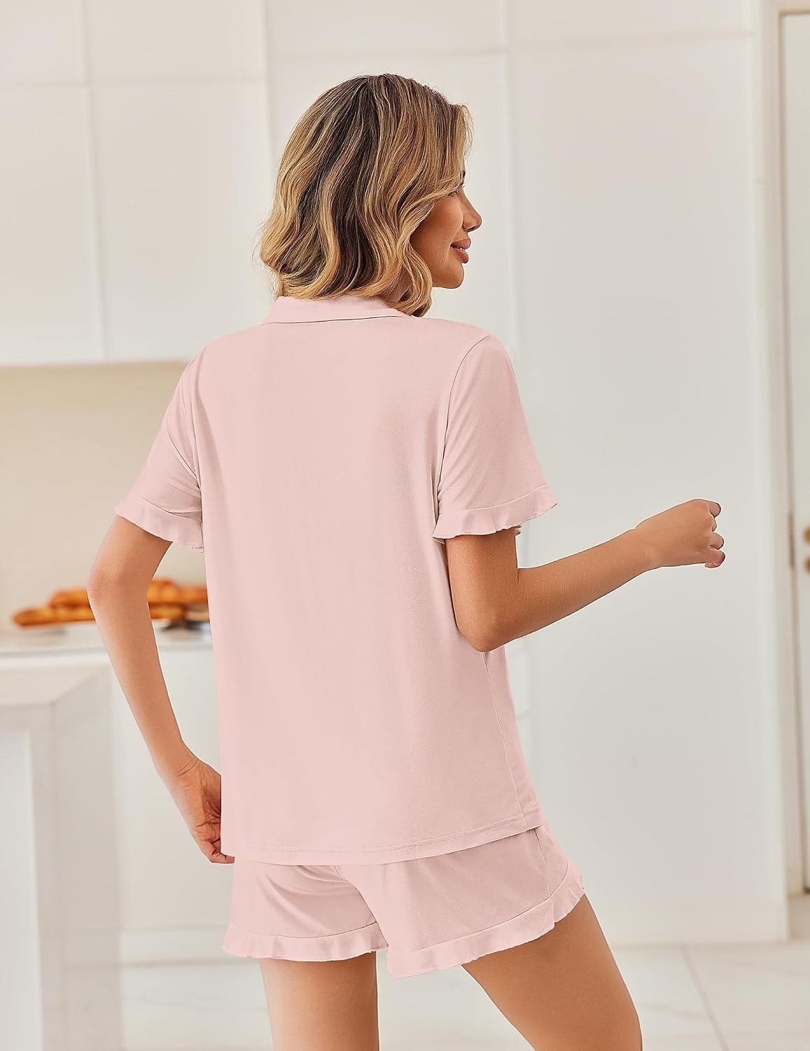 image:imageEkouaer Pajamas Set for Women Button Down Pjs Lounge Sets Ruffle SleepwearPink