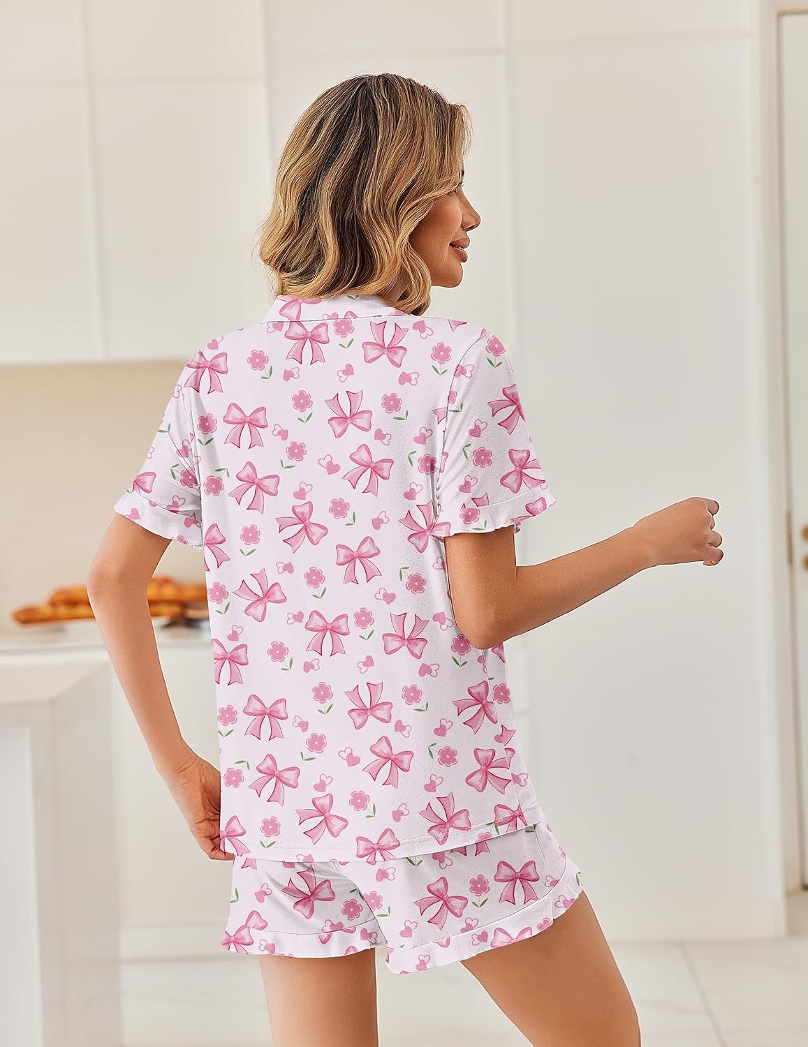 image:imageEkouaer Pajamas Set for Women Button Down Pjs Lounge Sets Ruffle SleepwearPink Bow