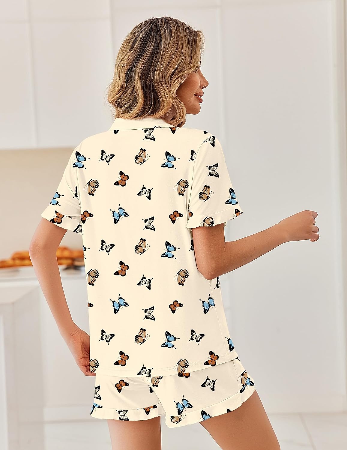 image:imageEkouaer Pajamas Set for Women Button Down Pjs Lounge Sets Ruffle SleepwearYellow Butterfly