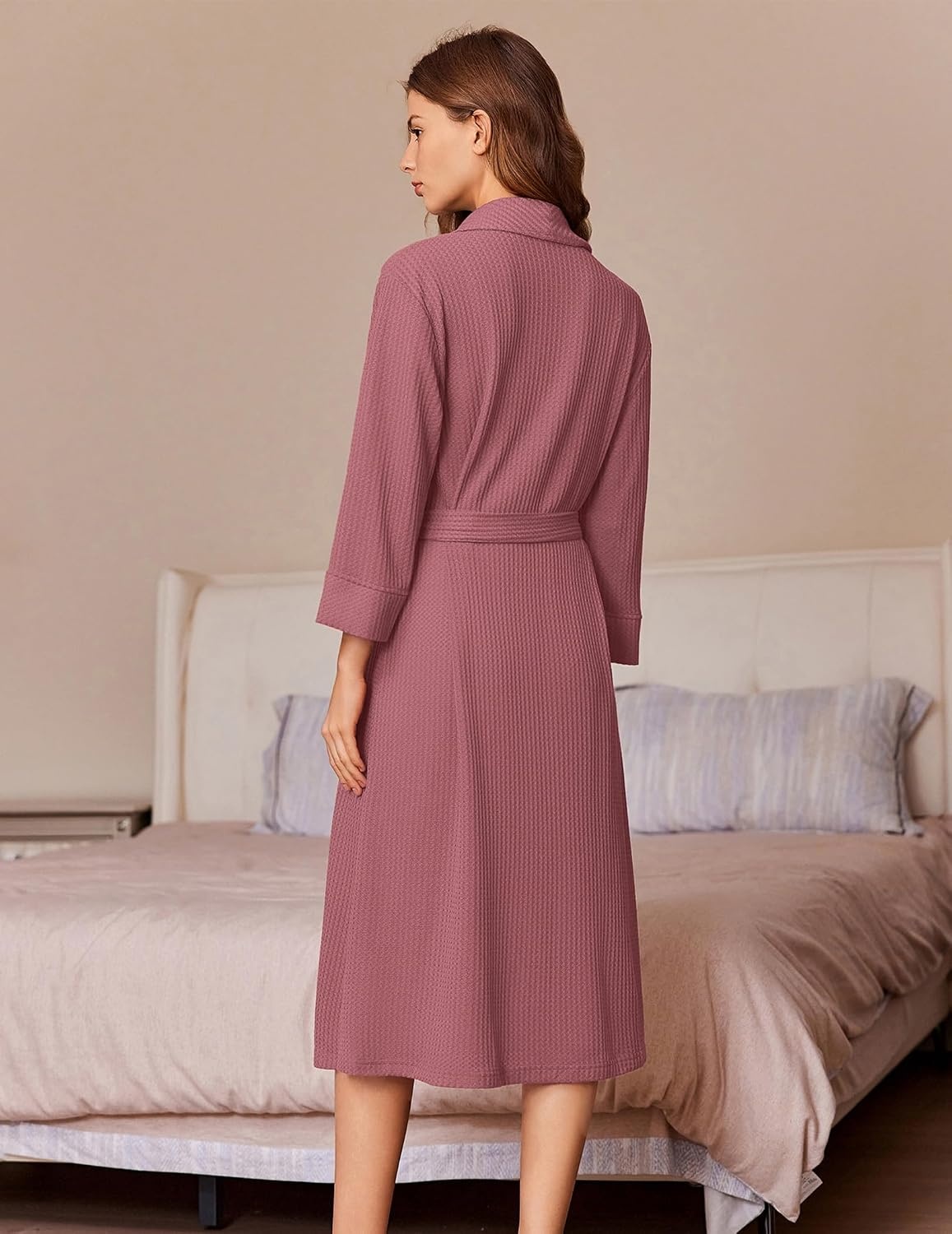 image:imageEkouaer Robes for Women Long Waffle Knit Bathrobe Shawl Collar House CoatsGray PurpleBig Waffle