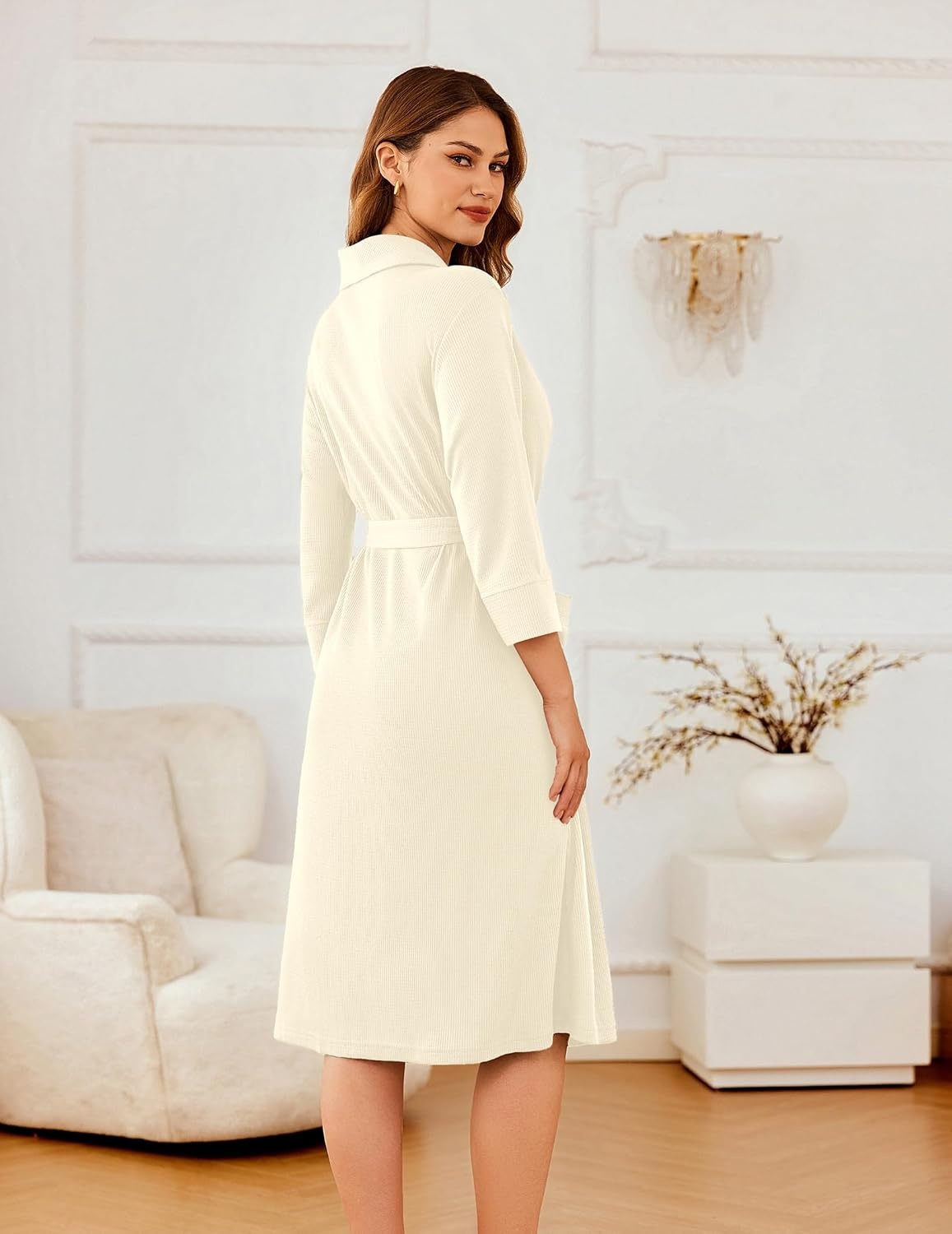 image:imageEkouaer Robes for Women Long Waffle Knit Bathrobe Shawl Collar House CoatsLight BeigeSmall Waffle