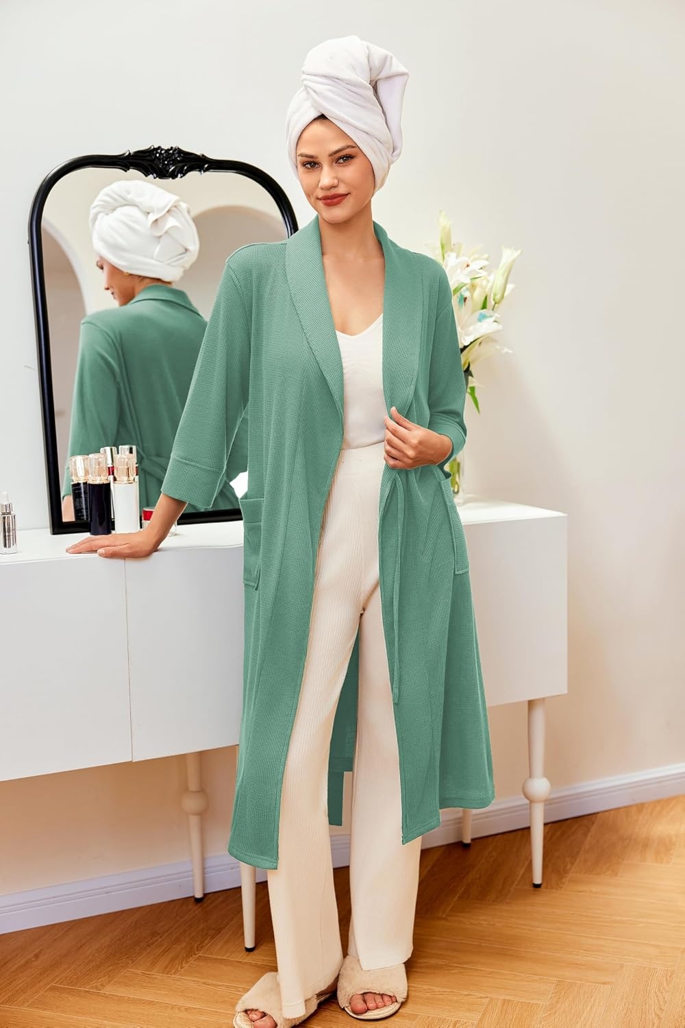 image:imageEkouaer Robes for Women Long Waffle Knit Bathrobe Shawl Collar House CoatsLight GreenSmall Waffle
