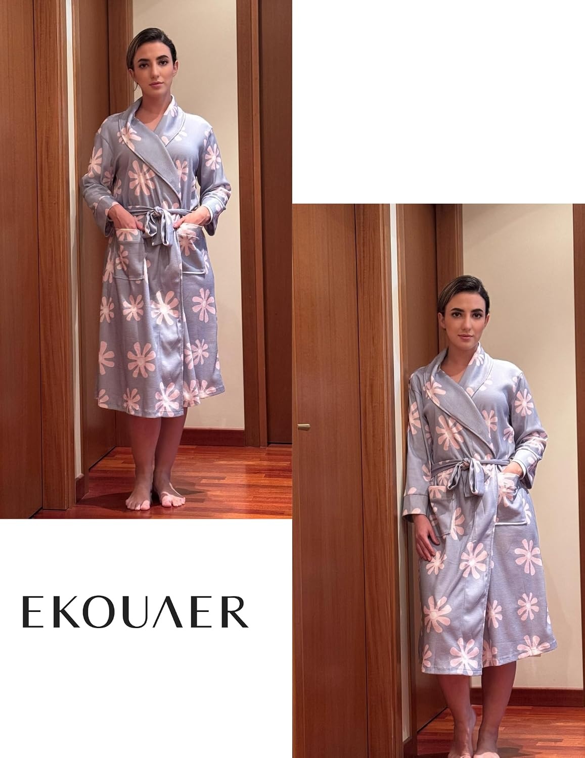 image:imageEkouaer Robes for Women Long Waffle Knit Bathrobe Shawl Collar House CoatsLight Purple FloralSmall Waffle