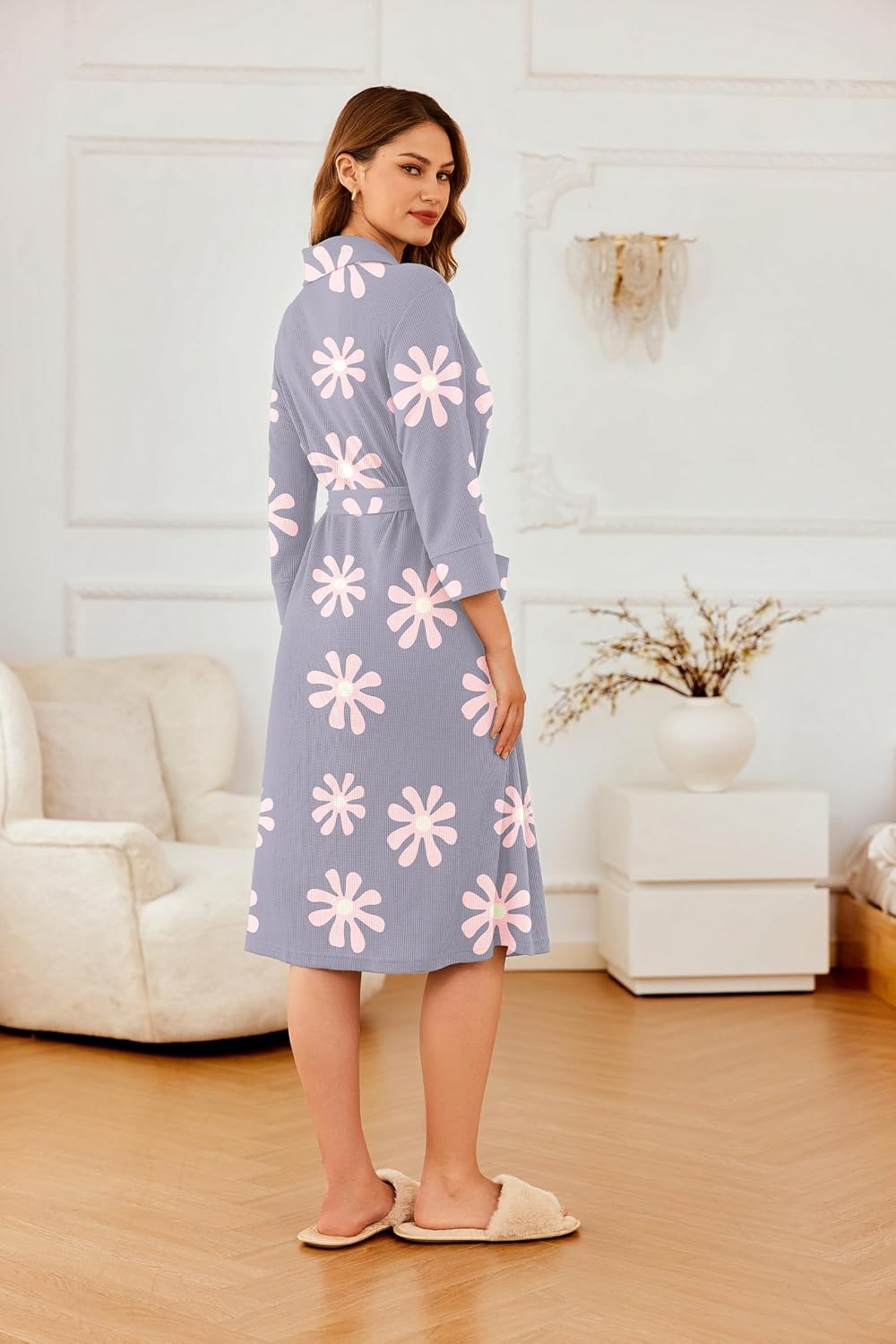 image:imageEkouaer Robes for Women Long Waffle Knit Bathrobe Shawl Collar House CoatsLight Purple FloralSmall Waffle