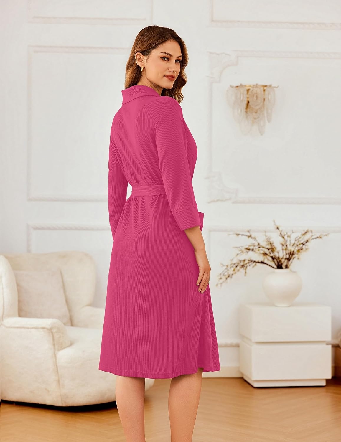 image:imageEkouaer Robes for Women Long Waffle Knit Bathrobe Shawl Collar House CoatsRose RedSmall Waffle