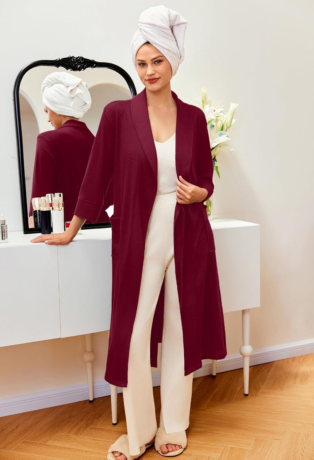 image:imageEkouaer Robes for Women Long Waffle Knit Bathrobe Shawl Collar House CoatsSolid RedSmall Waffle