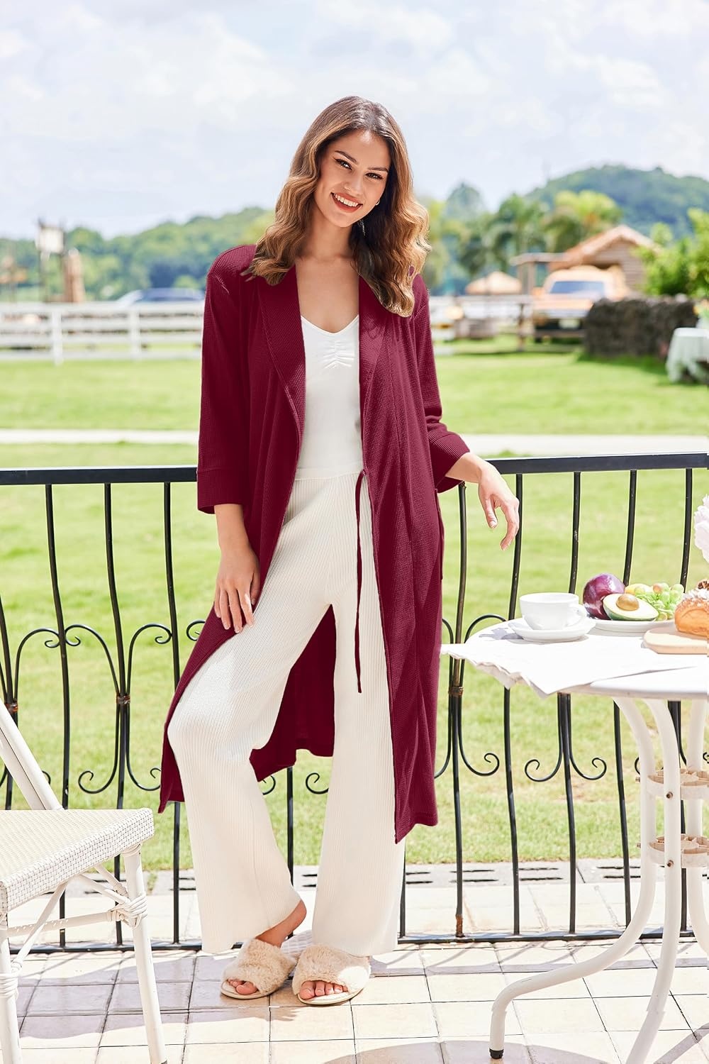 image:imageEkouaer Robes for Women Long Waffle Knit Bathrobe Shawl Collar House CoatsSolid RedSmall Waffle
