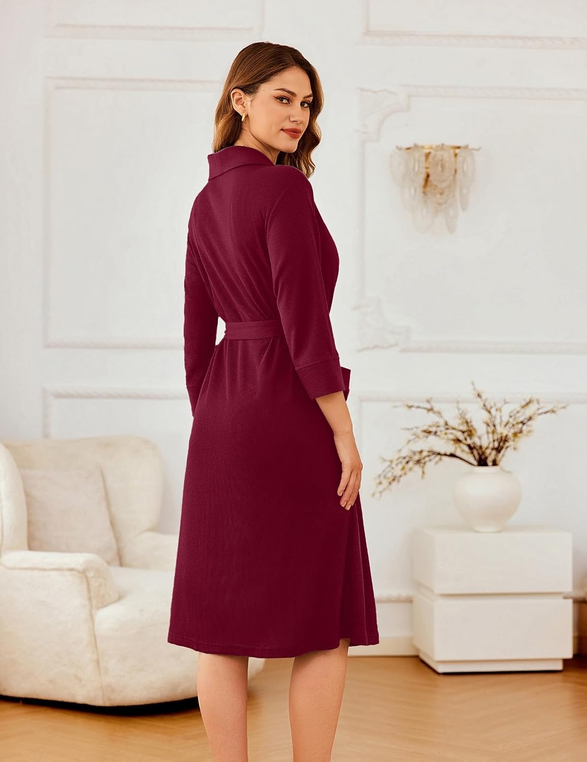 image:imageEkouaer Robes for Women Long Waffle Knit Bathrobe Shawl Collar House CoatsSolid RedSmall Waffle