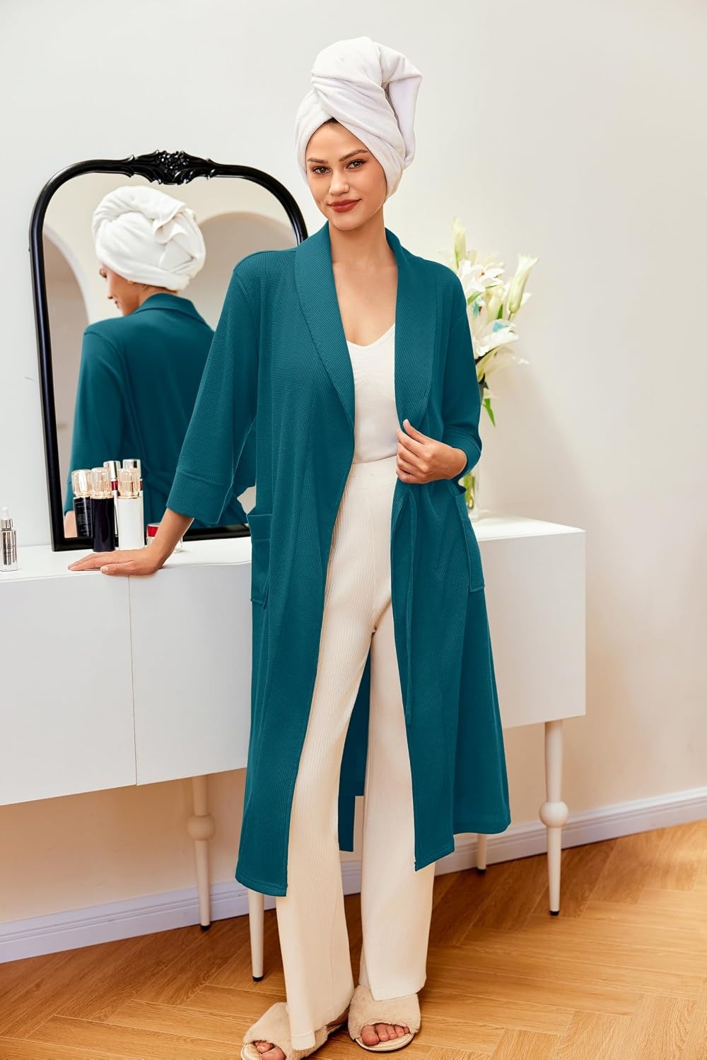image:imageEkouaer Robes for Women Long Waffle Knit Bathrobe Shawl Collar House CoatsTurquoiseSmall Waffle