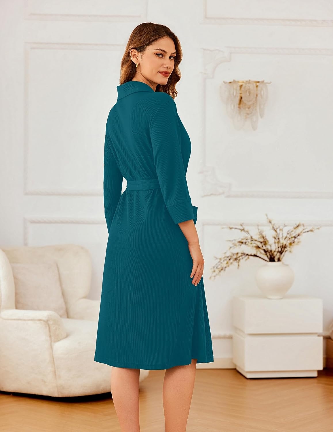 image:imageEkouaer Robes for Women Long Waffle Knit Bathrobe Shawl Collar House CoatsTurquoiseSmall Waffle