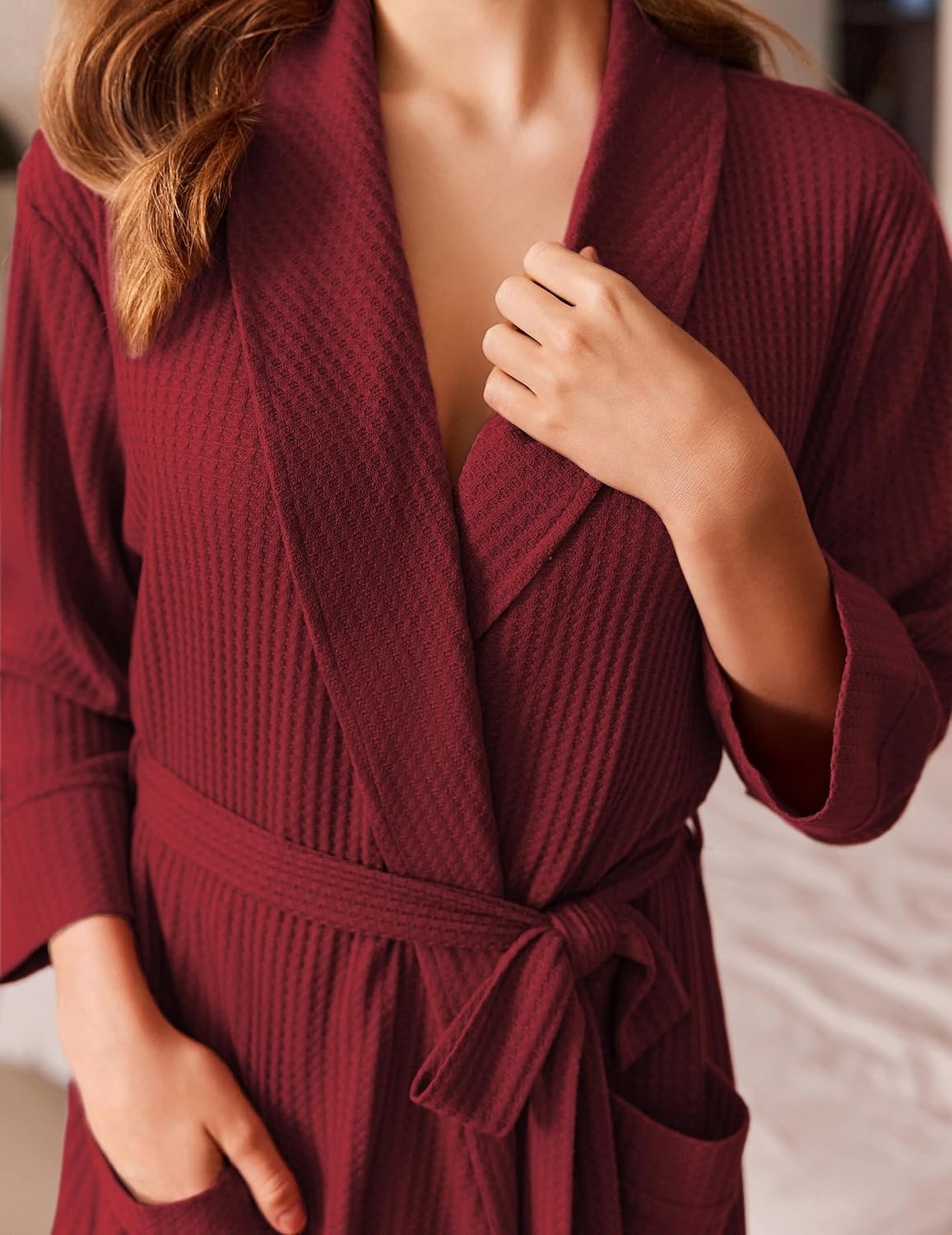image:imageEkouaer Robes for Women Long Waffle Knit Bathrobe Shawl Collar House CoatsWine RedBig Waffle
