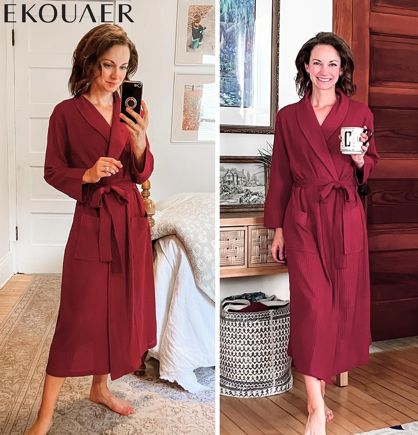 image:imageEkouaer Robes for Women Long Waffle Knit Bathrobe Shawl Collar House CoatsWine RedBig Waffle