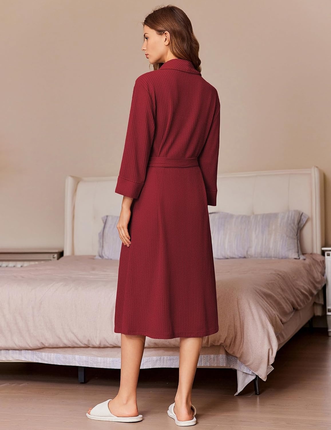 image:imageEkouaer Robes for Women Long Waffle Knit Bathrobe Shawl Collar House CoatsWine RedBig Waffle