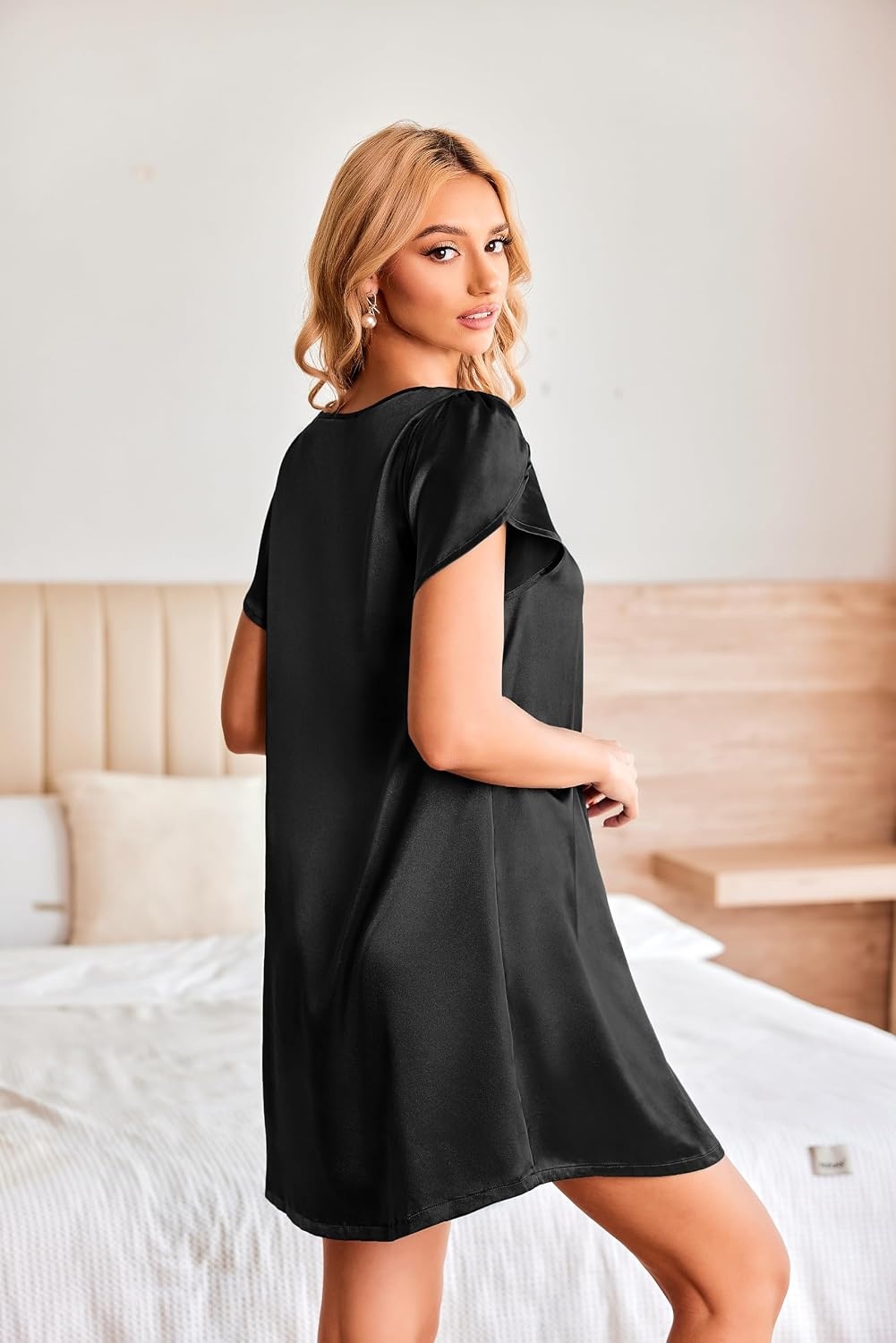 image:imageEkouaer Satin Nightgowns for Women Short Sleeve VNeck Silk Sleep ShirtBlack