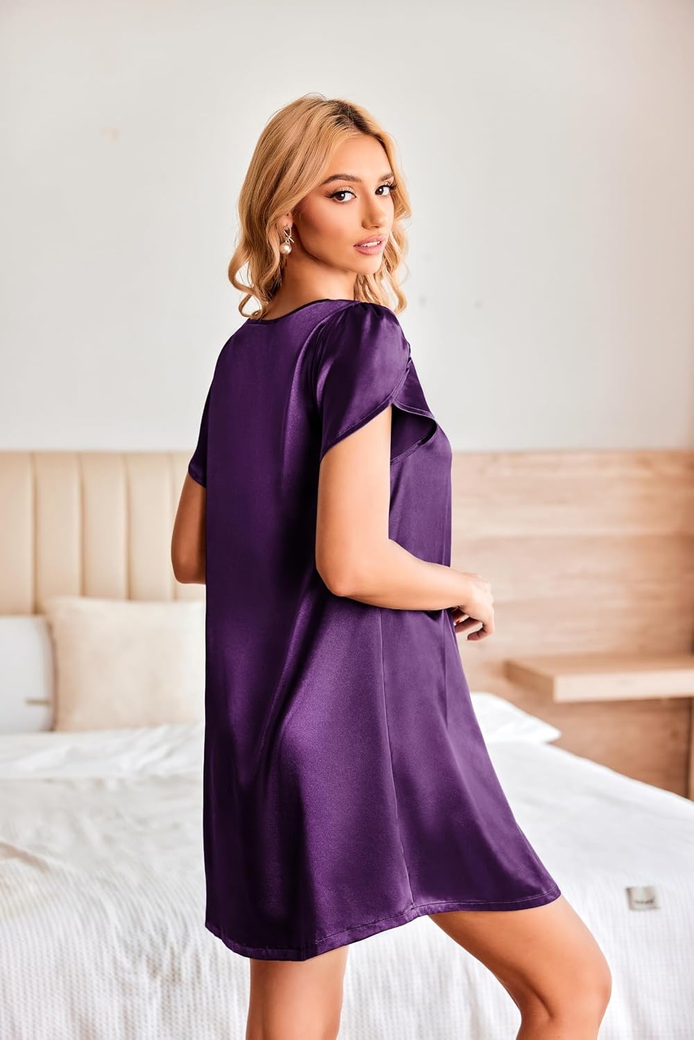 image:imageEkouaer Satin Nightgowns for Women Short Sleeve VNeck Silk Sleep ShirtPurple