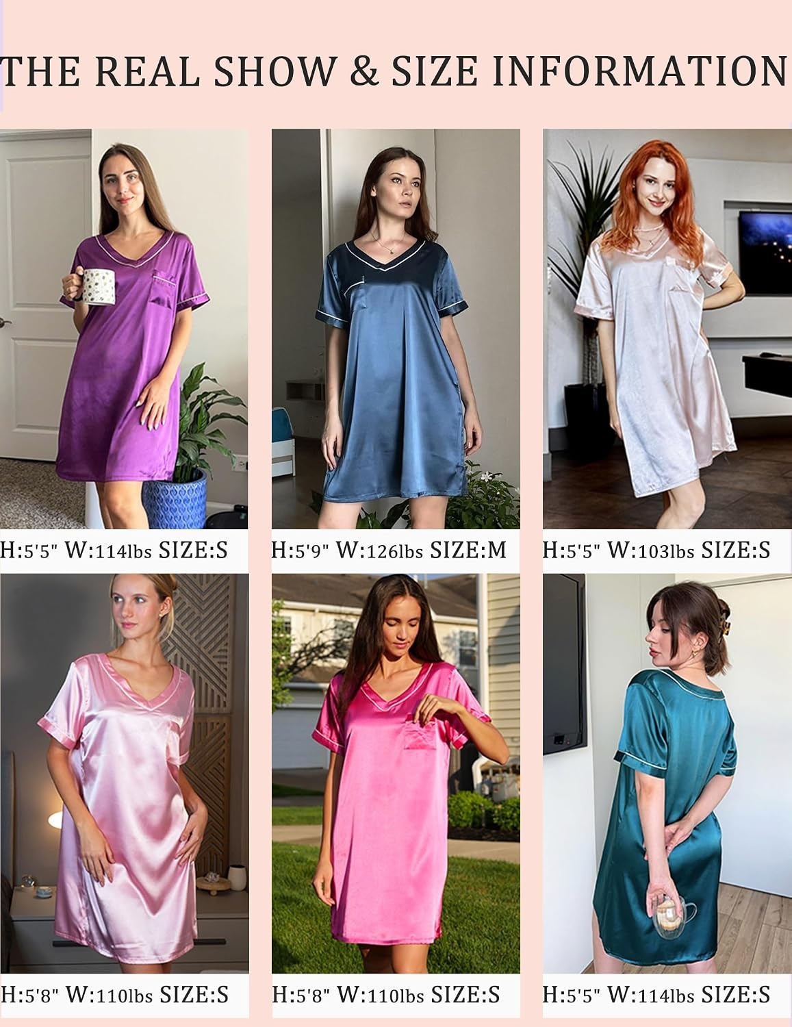 image:imageEkouaer Satin Nightgowns for Women Silk Sleep Shirts V Neck T Shirt DressBlack
