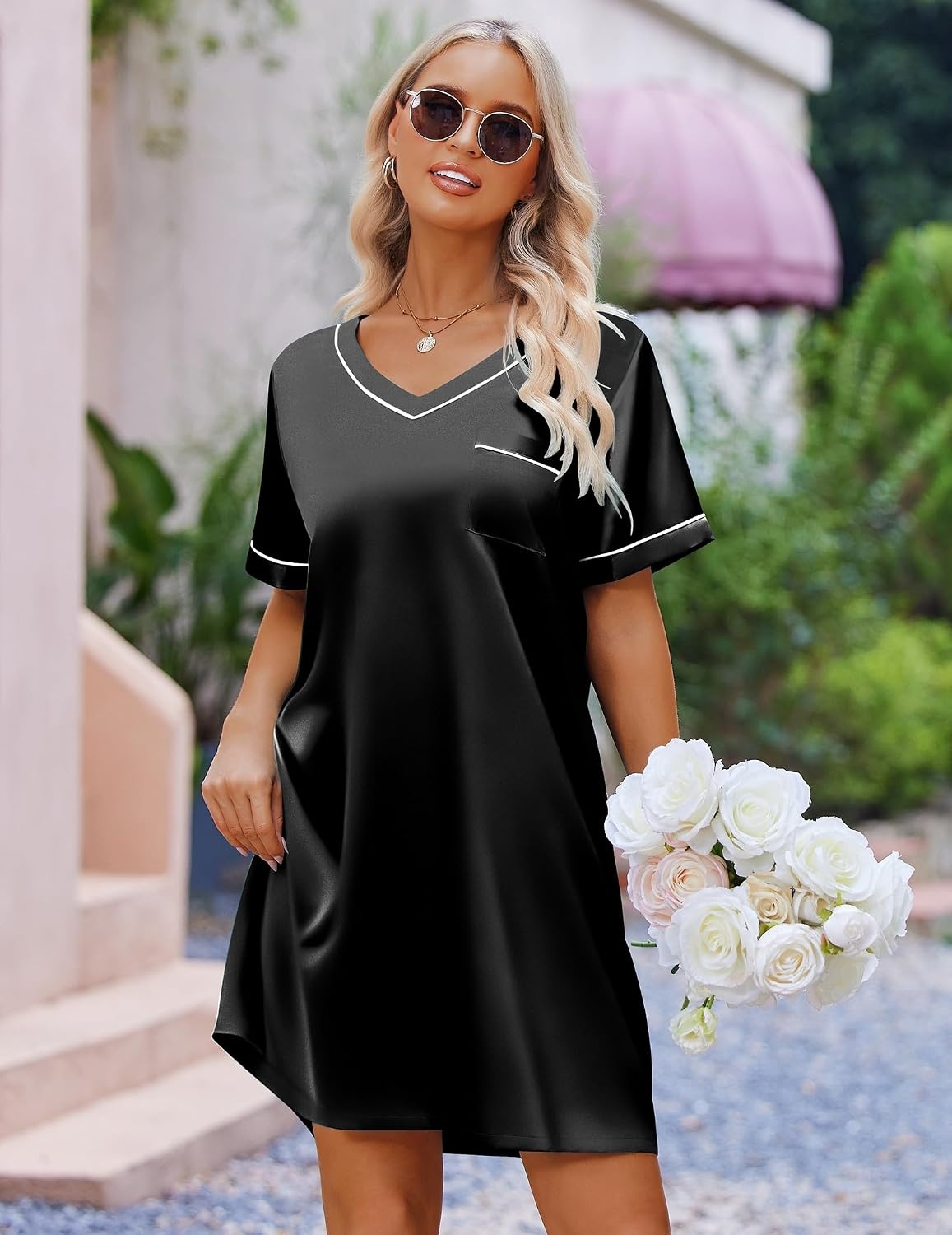 image:imageEkouaer Satin Nightgowns for Women Silk Sleep Shirts V Neck T Shirt DressBlack