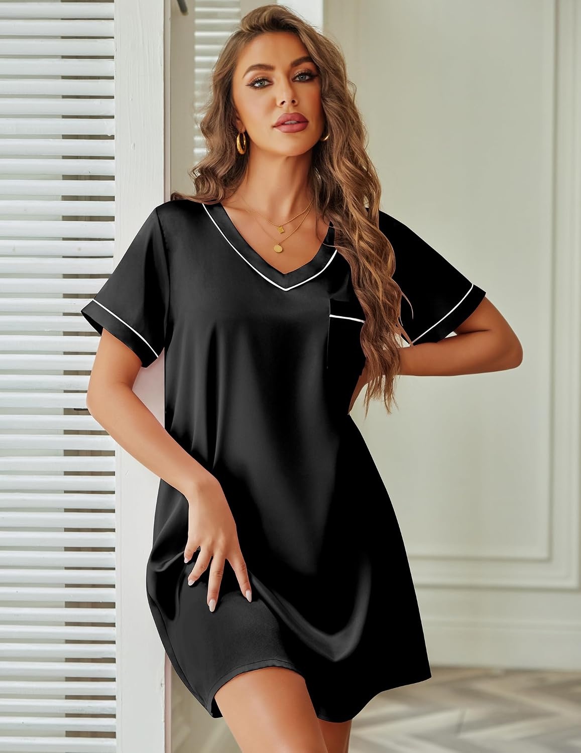 image:imageEkouaer Satin Nightgowns for Women Silk Sleep Shirts V Neck T Shirt DressBlack