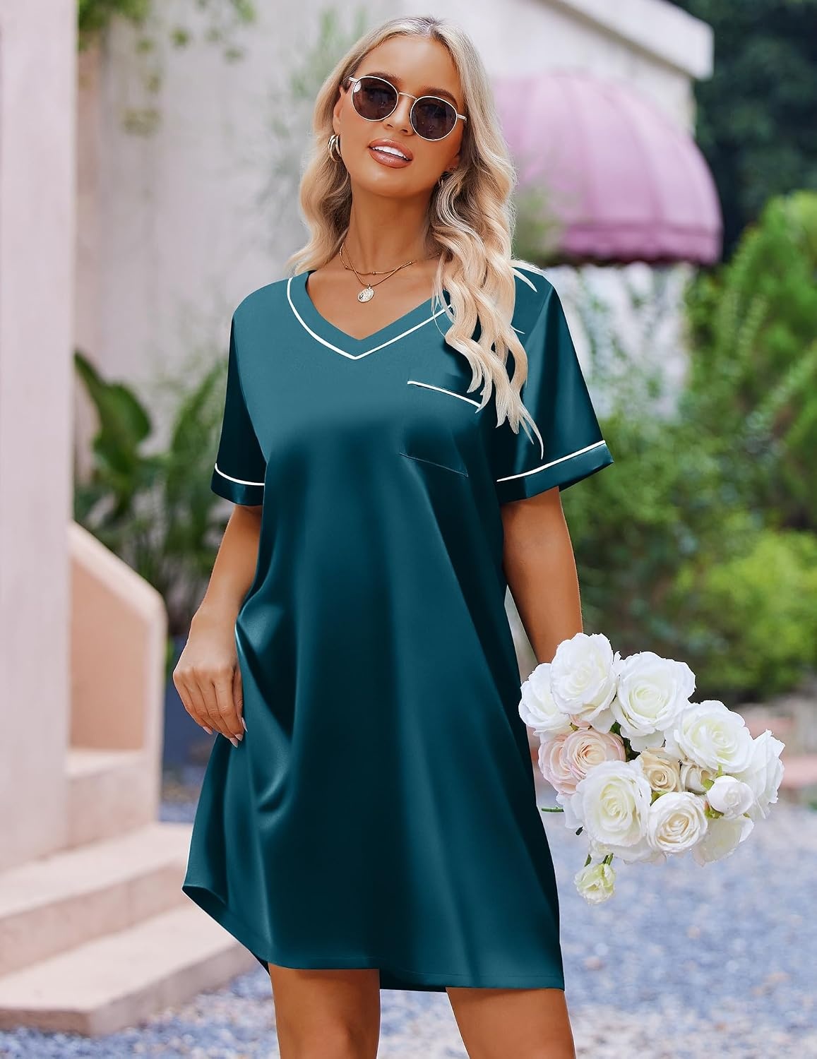 image:imageEkouaer Satin Nightgowns for Women Silk Sleep Shirts V Neck T Shirt DressBlue