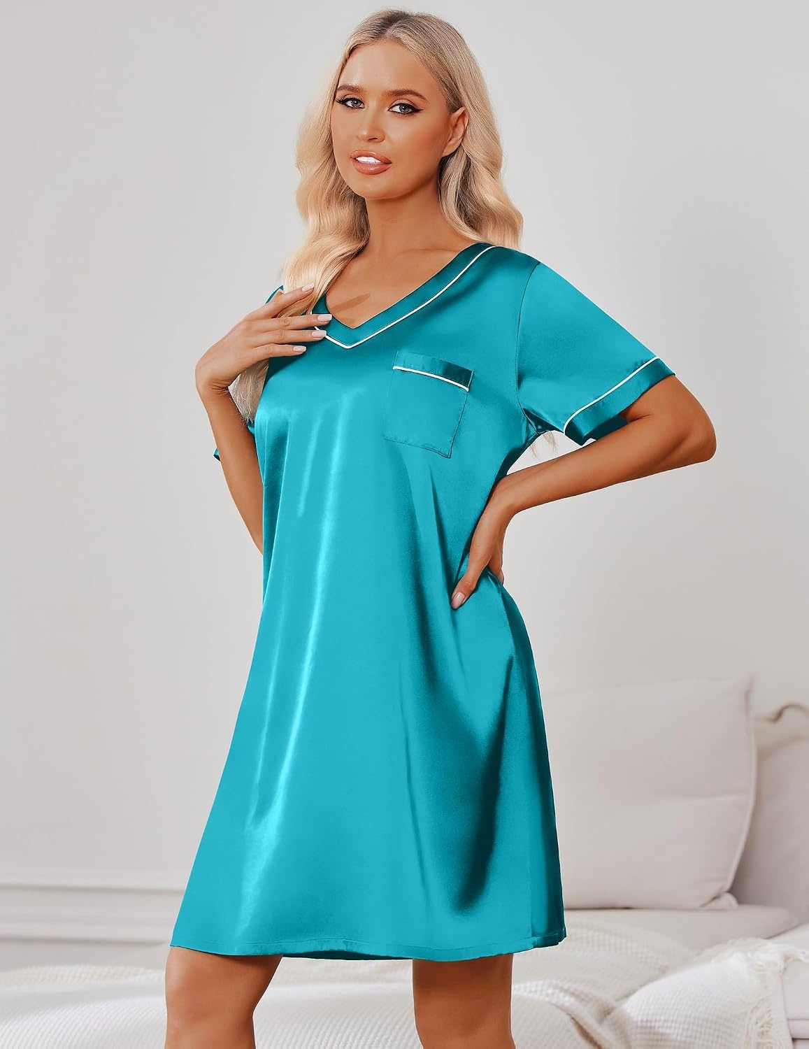 image:imageEkouaer Satin Nightgowns for Women Silk Sleep Shirts V Neck T Shirt DressBlue Green