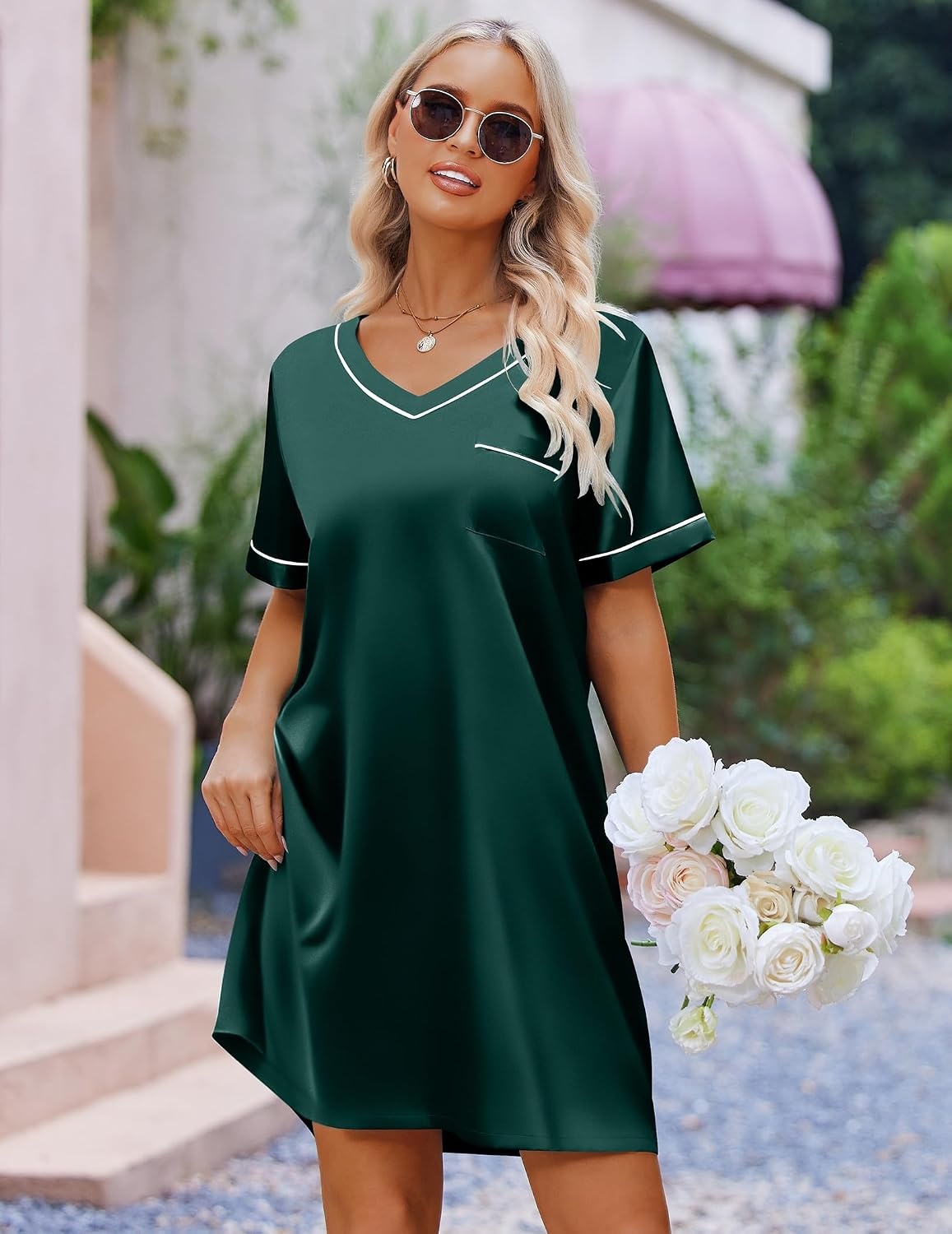 image:imageEkouaer Satin Nightgowns for Women Silk Sleep Shirts V Neck T Shirt DressGreen