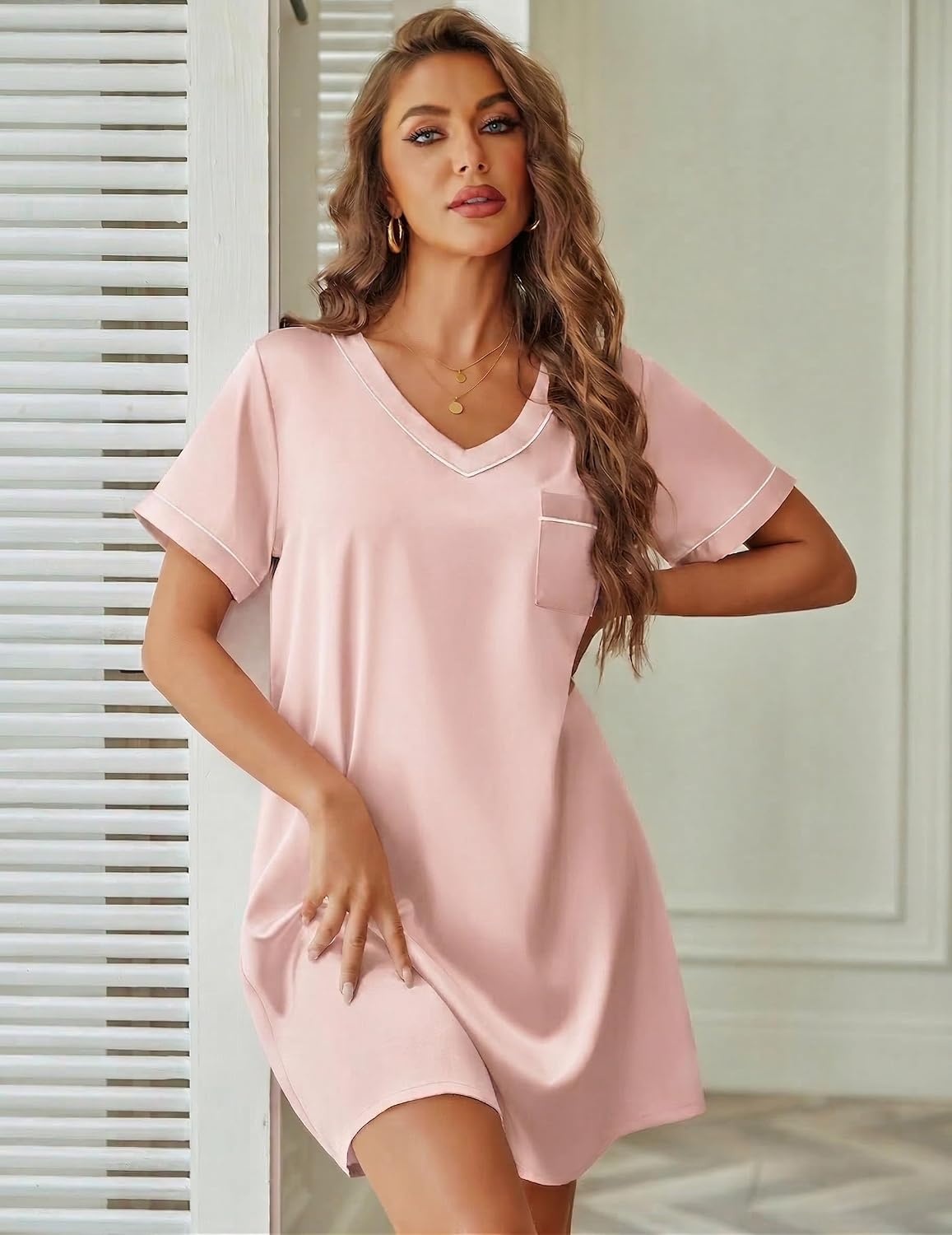 image:imageEkouaer Satin Nightgowns for Women Silk Sleep Shirts V Neck T Shirt DressMedium Pink